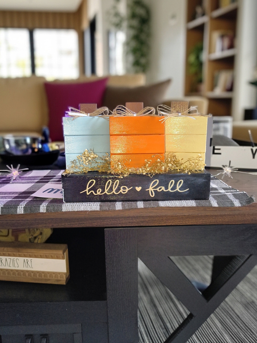 Hello Fall Tiered Wooden Block Décor - Blue, Orange, Yellow